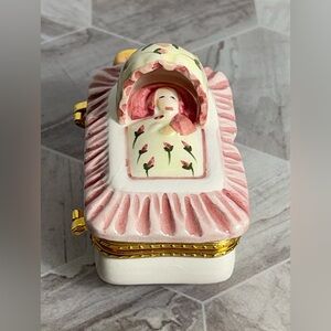 Vintage Baby in Bassinet Trinket Box w/ Hinged Lid Pink Floral Porcelain